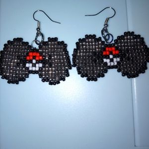 Handmade beaded gray pokeball bow earrings